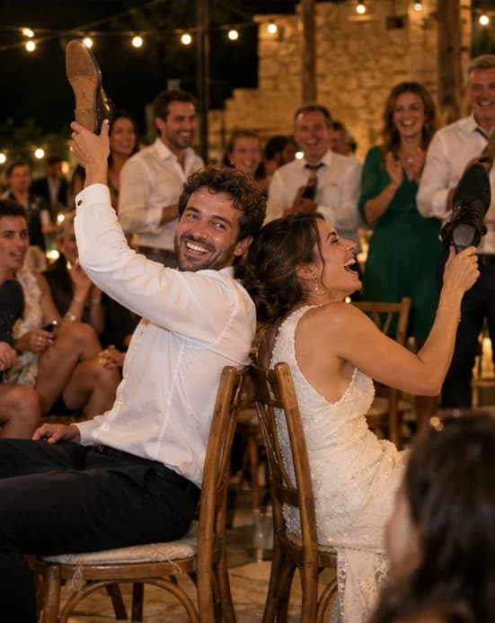 Mariés assis dos à dos qui lèvent chacun une chaussure pendant le jeu de la chaussure, sous les rires des invités